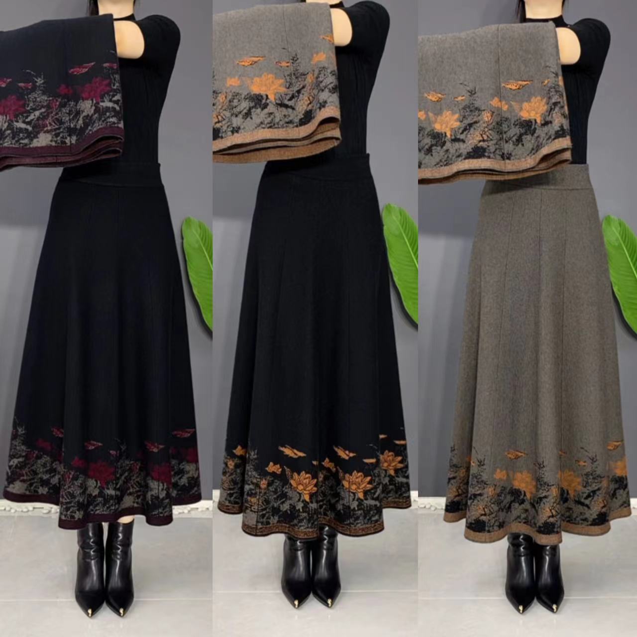 冬季厚款高腰大摆裙松紧腰名族风油画织花半身裙显瘦半身裙