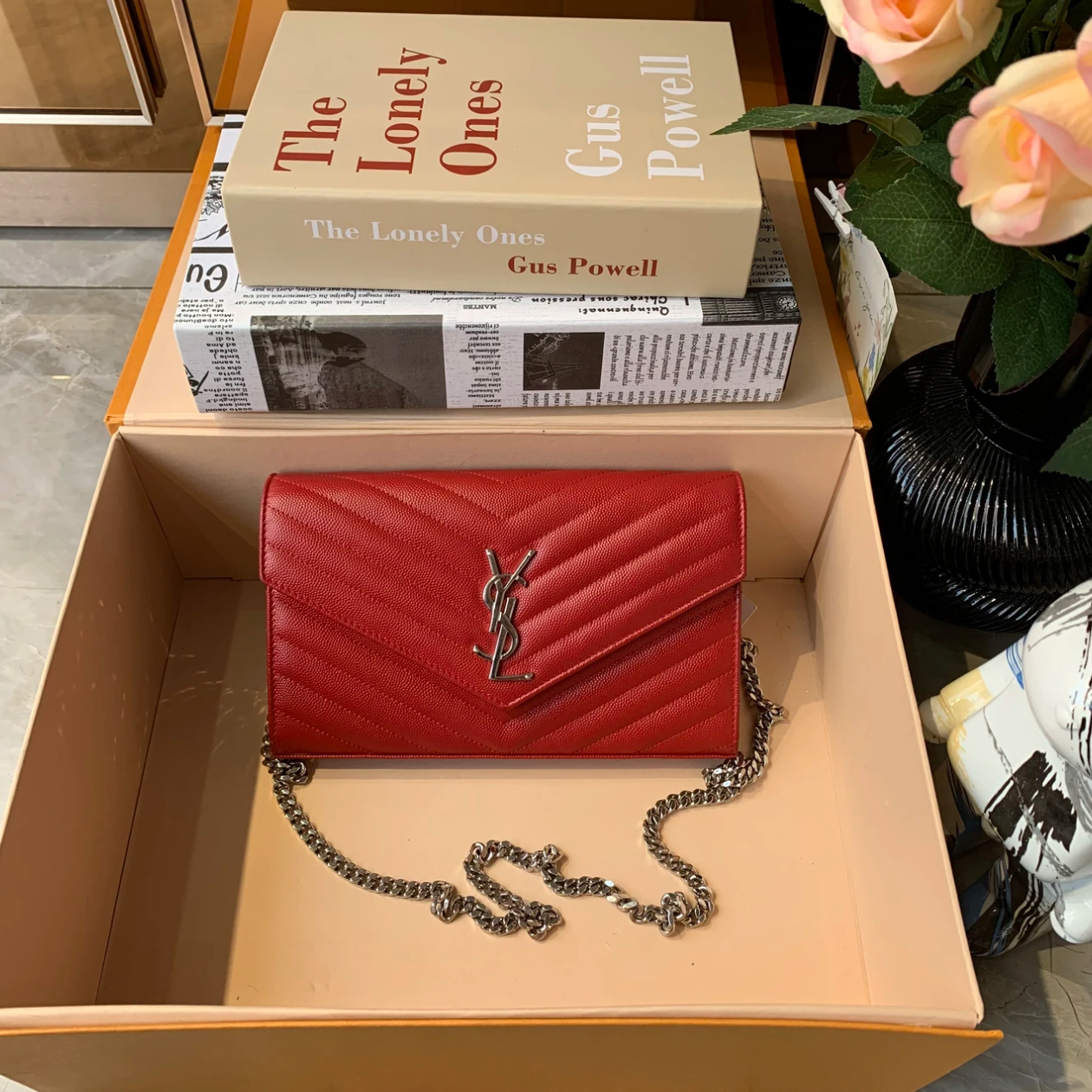 99新 YSL/圣罗兰 信封红银/链条包/单肩包/楠楠