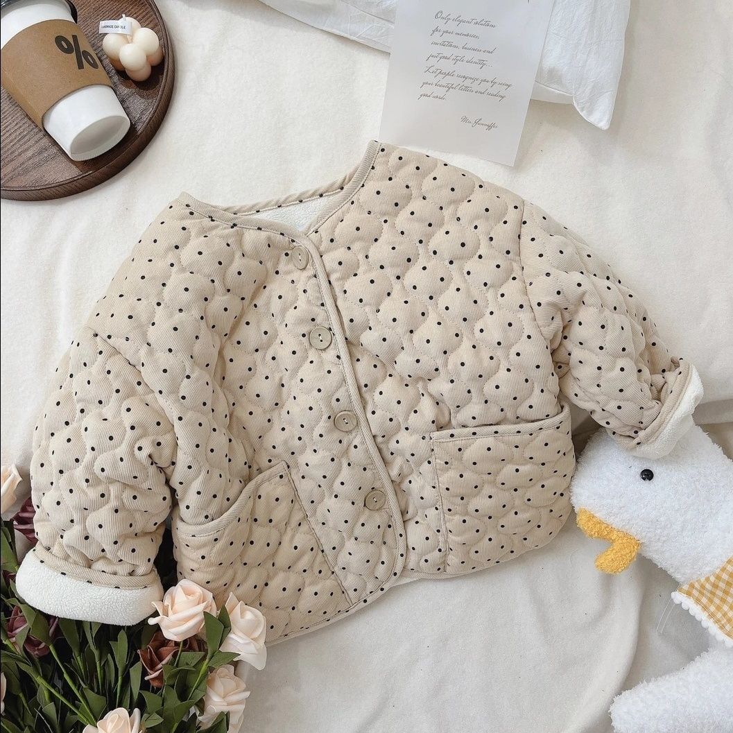 2023秋冬新品女宝宝波点夹棉外套韩版棉服女童女婴格子薄棉服外yy