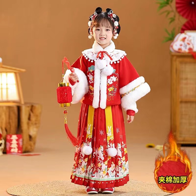 新款拜年服女童儿童汉服加绒冬款洋气中国风唐装日常喜庆宝宝兔yy