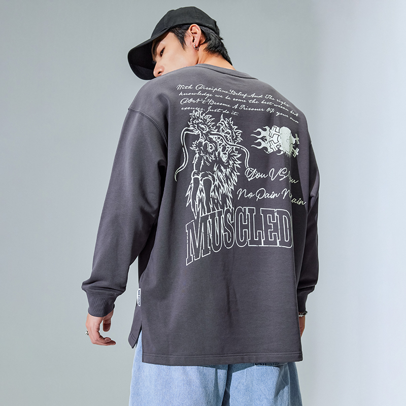 肌肉狗 运动t恤男秋季国潮印花宽松弹力透气休闲长袖训练健身衣