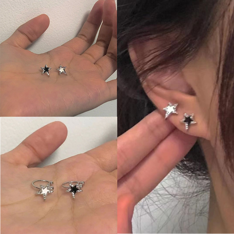 合金耳饰 不规则五芒星耳钉耳夹女款不对称超闪五角星锆石耳环