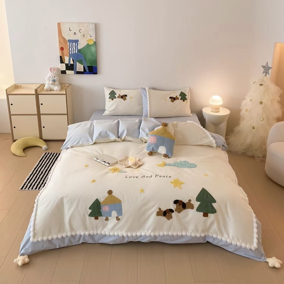 芊禾梦 小森林 加厚全棉磨毛四件套三件套纯棉秋冬绣花款