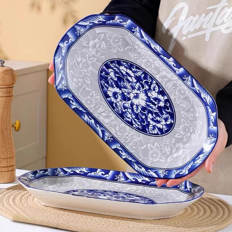 青花瓷鱼盘家用新款大鱼盘鱼盘子长方形陶瓷鱼盘子大号特大陶瓷盘