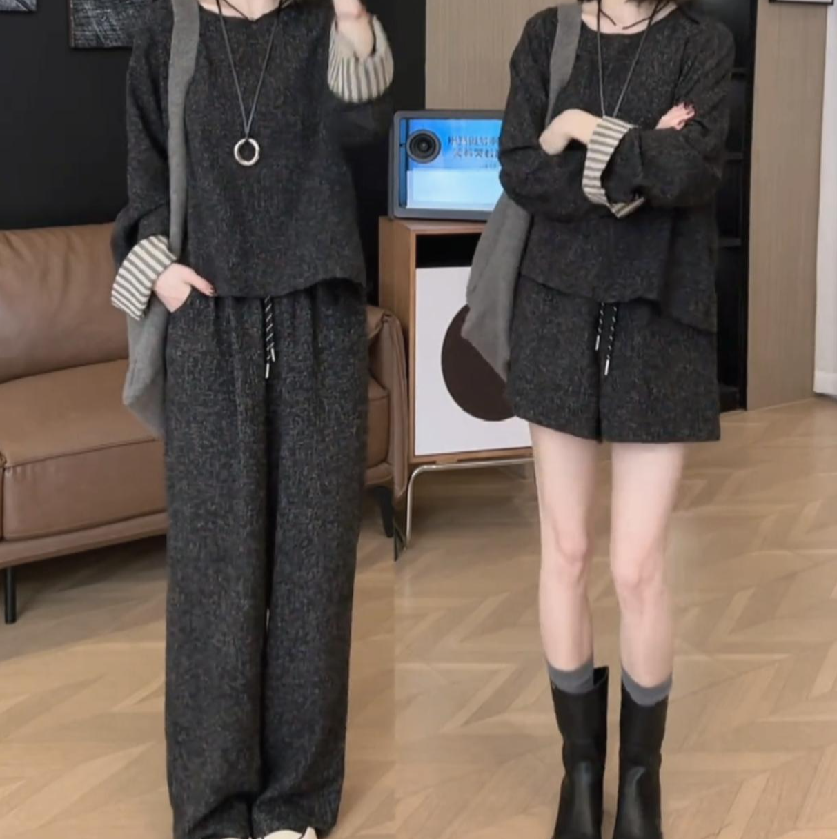 一整套早春穿搭2025女装圆领上衣阔腿裤两件套小香风休闲时尚套装