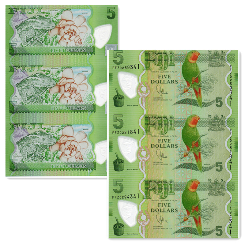 斐济5圆塑料钞3连体钞 2013年红喉鹦鹉大洋洲外国纸币钱币全新UNC