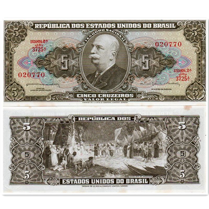 巴西5克鲁塞罗纸币 1963年版 美洲外国钱币有黄斑