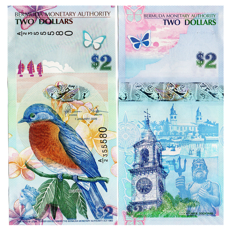 获奖币发行蓝鸟钞百慕大2圆纸币2009年美洲外国世界钱币尾47全新