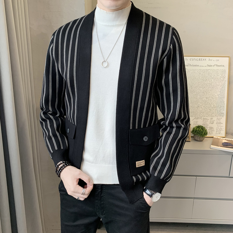 新款秋冬季百搭痞帅气条纹男士毛衣外套韩版潮流休闲修身针织开衫