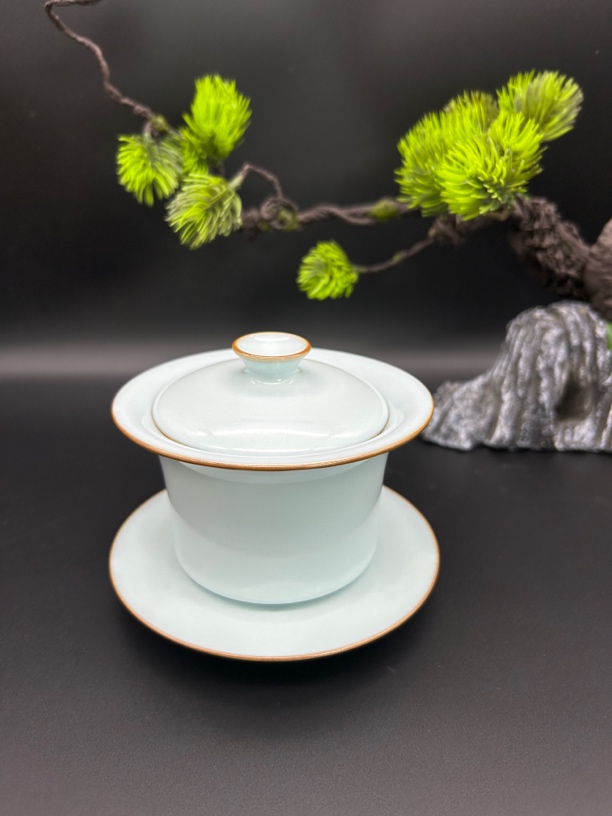 缘润·原矿汝瓷全手工月白金边马蹄盖碗 160ml