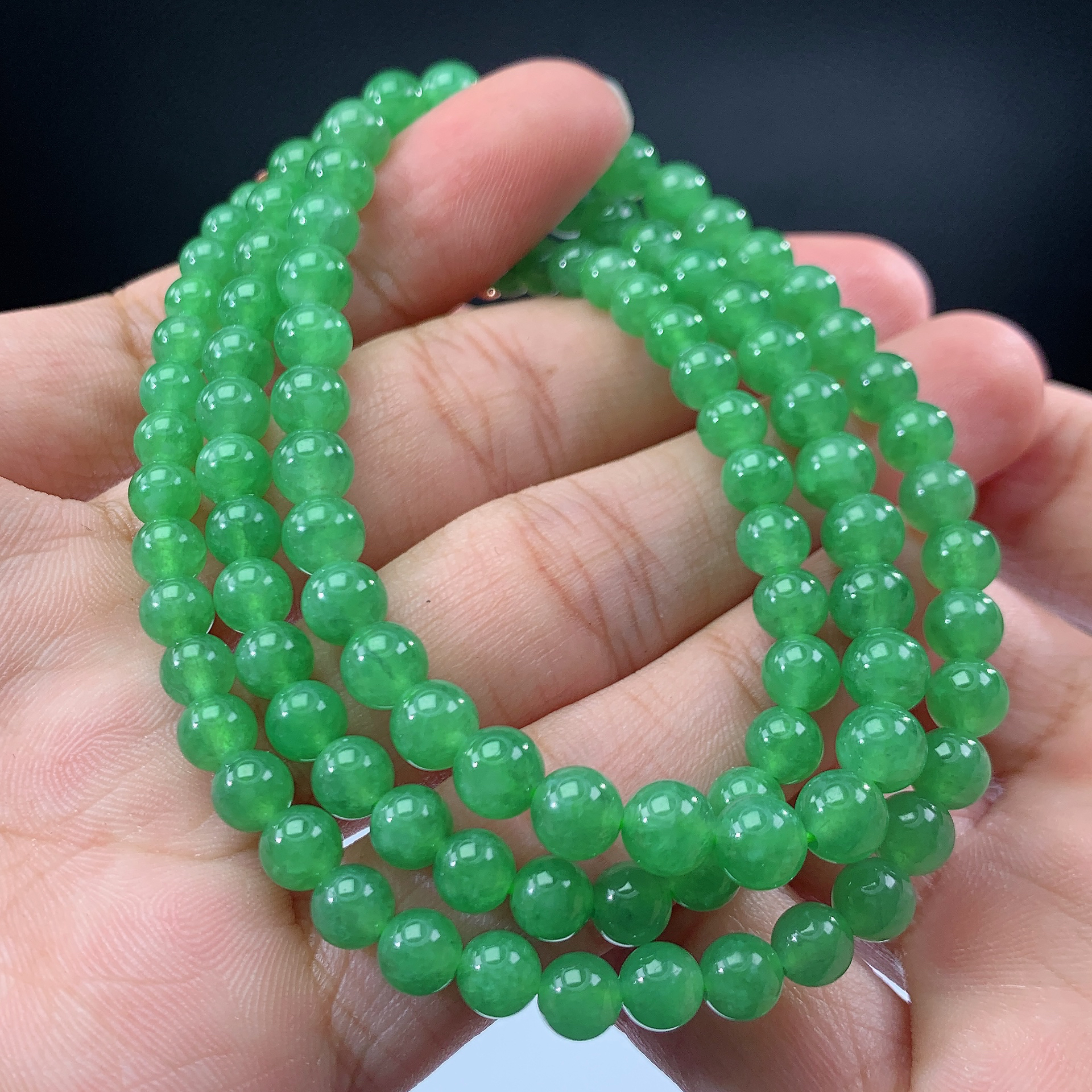 嘉运翡翠10.25-20缅甸天然翡翠A货阳绿满绿项链卡5-6mm103颗