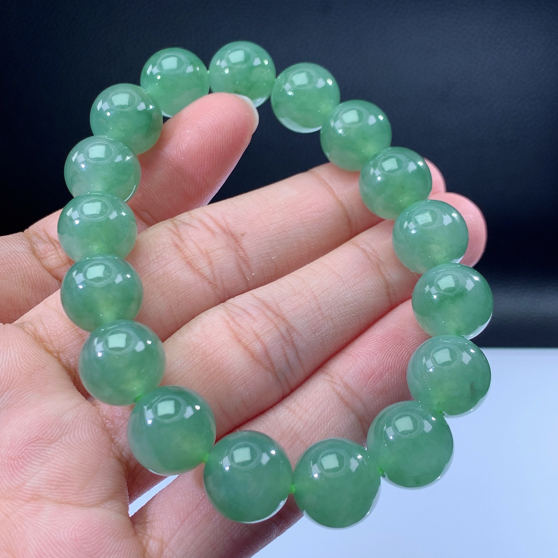 嘉运翡翠10.25-12缅甸天然翡翠A货冰种冰绿手串卡12mm17颗