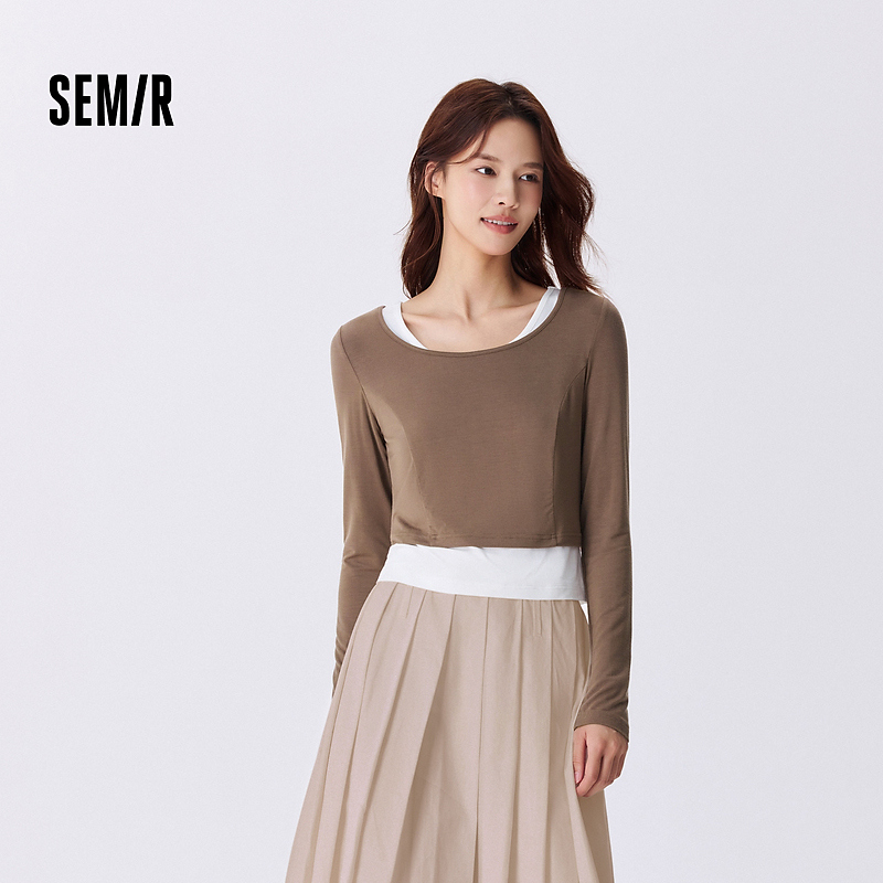 森马长袖T恤女短款上衣显瘦纯色背心秋季新款紧身两件套气质上衣