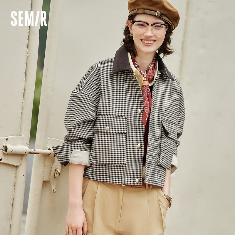 【商场同款】森马外套女短款翻领潮流宽松新款秋格纹夹克时尚复古