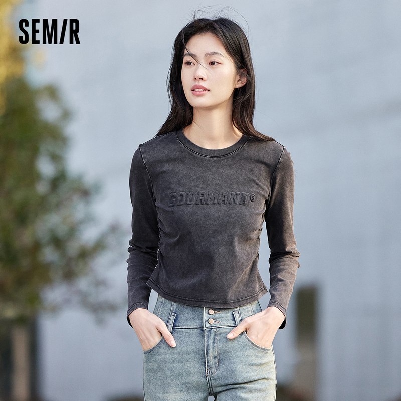 森马长袖T恤女短款做旧复古紧身新款春季街头字母套头衫潮酷上衣
