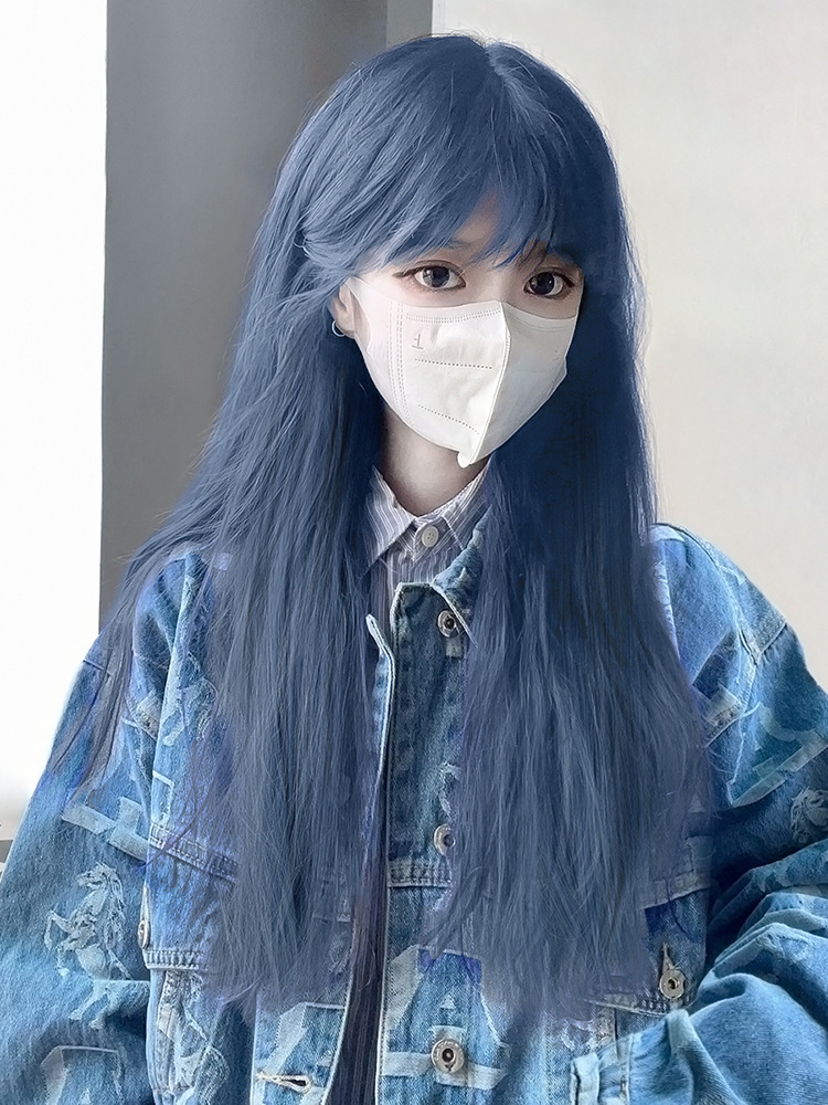 假发女长发挑染蓝灰色自然全头套式网红长直发发型仿真假发套透气