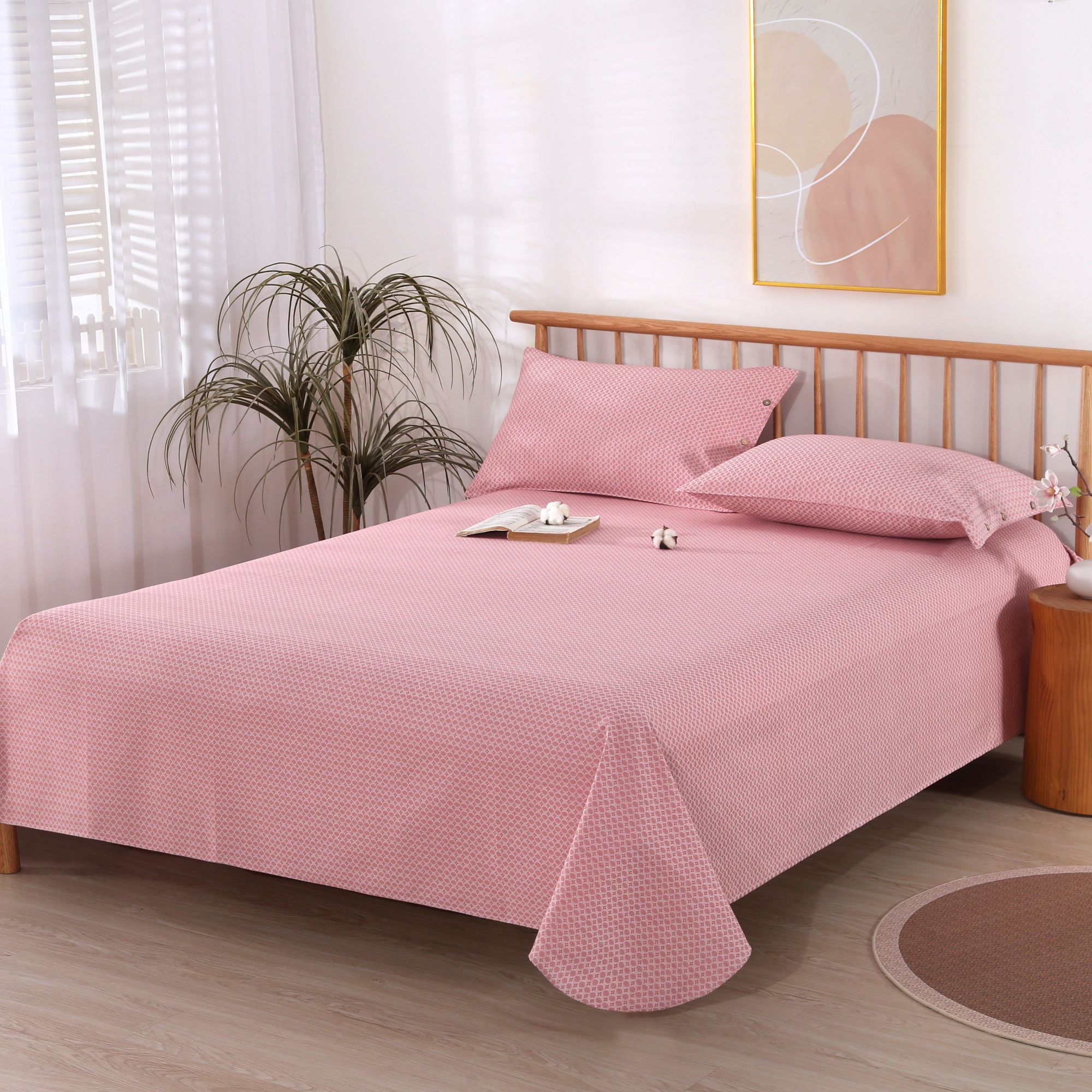 荨鹿-蜂巢系列柔软亲肤100棉三件套圆角床单可机洗老粗布