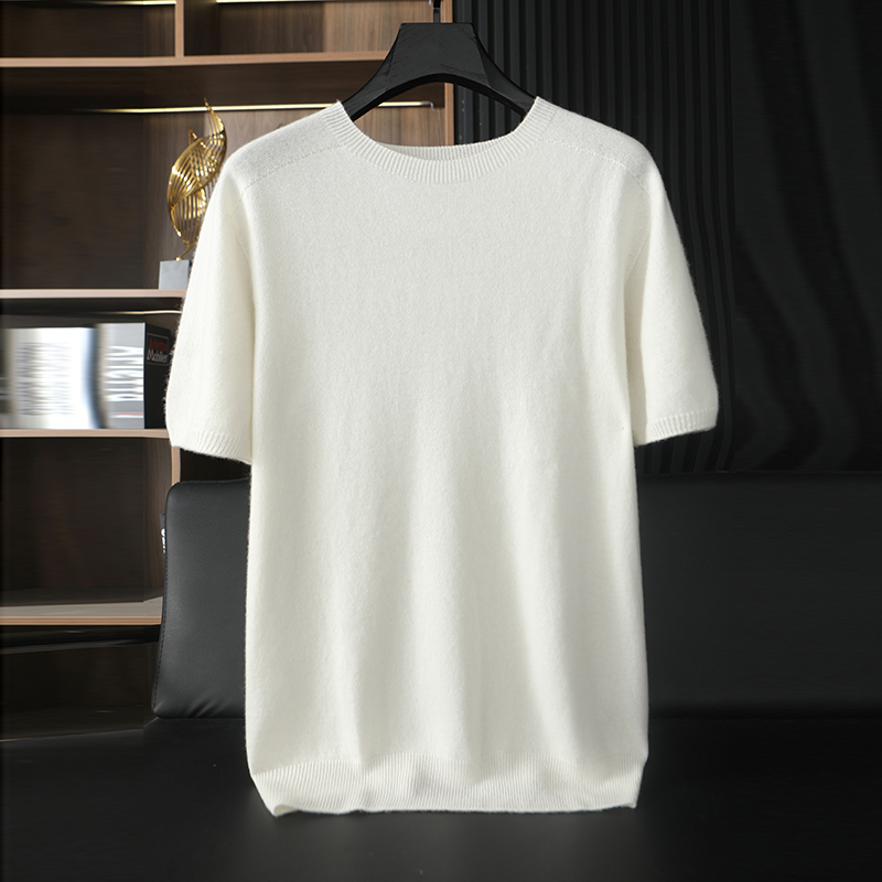 男士短袖T恤100纯山羊绒衫秋冬季圆领针织打底羊毛半袖毛衣体恤衫