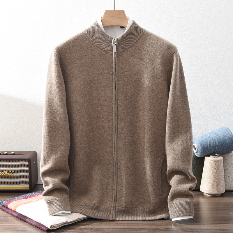 带兜2025新款空气层加厚100%山羊绒外套男半高领拉链开衫针织衫