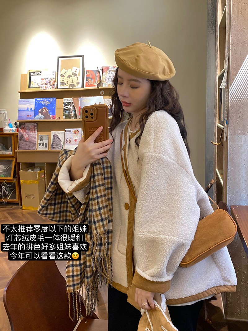 NGGAI 2024冬季新款休闲气质白色纽扣环保仿羊羔绒蝙蝠袖外套上衣