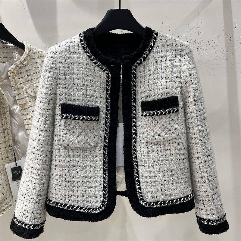 小香风羽绒服女冬季新款法式小个子撞色加厚白鸭绒内里粗花呢外套