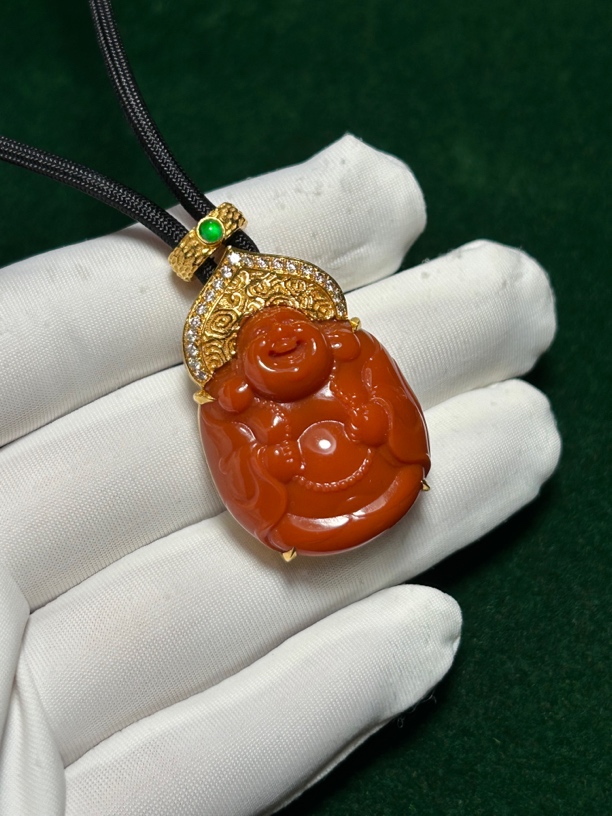 原矿南红佛公18k吊坠 满色满肉