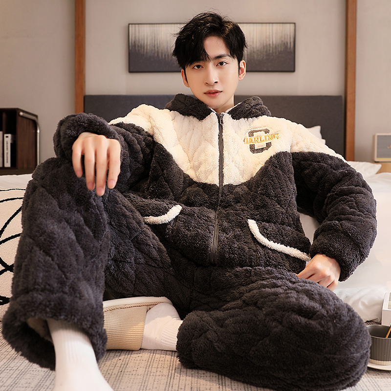睡衣男士冬加绒加厚珊瑚绒三层夹棉2024年新款大码冬天家居服套装
