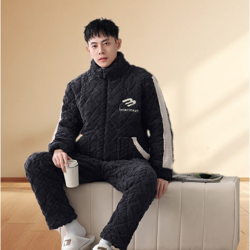 【超厚提花】三层夹棉睡衣男士新款绣花立领珊瑚绒保暖可外穿家居服