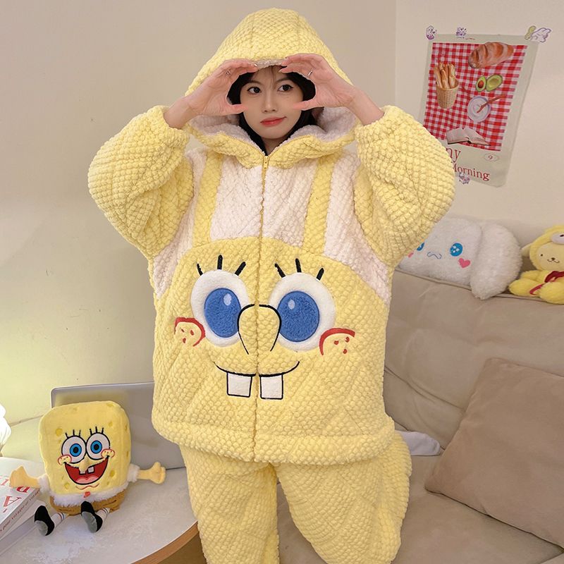 2024年睡衣女士冬季三层加厚保暖珊瑚绒夹棉套装棉袄家居服套装女