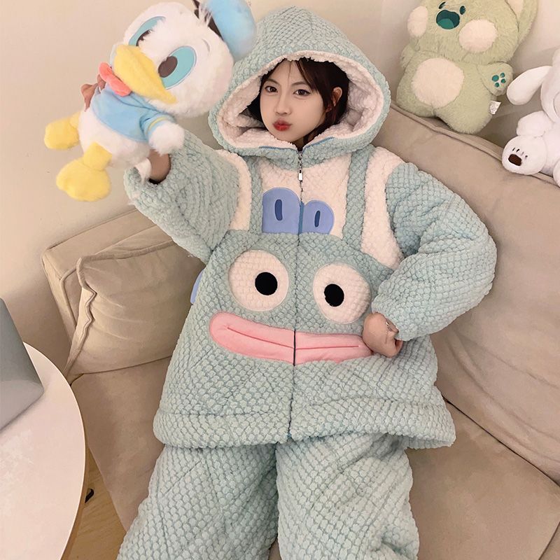 2024年睡衣女士冬季三层加厚保暖珊瑚绒夹棉套装棉袄家居服套装女