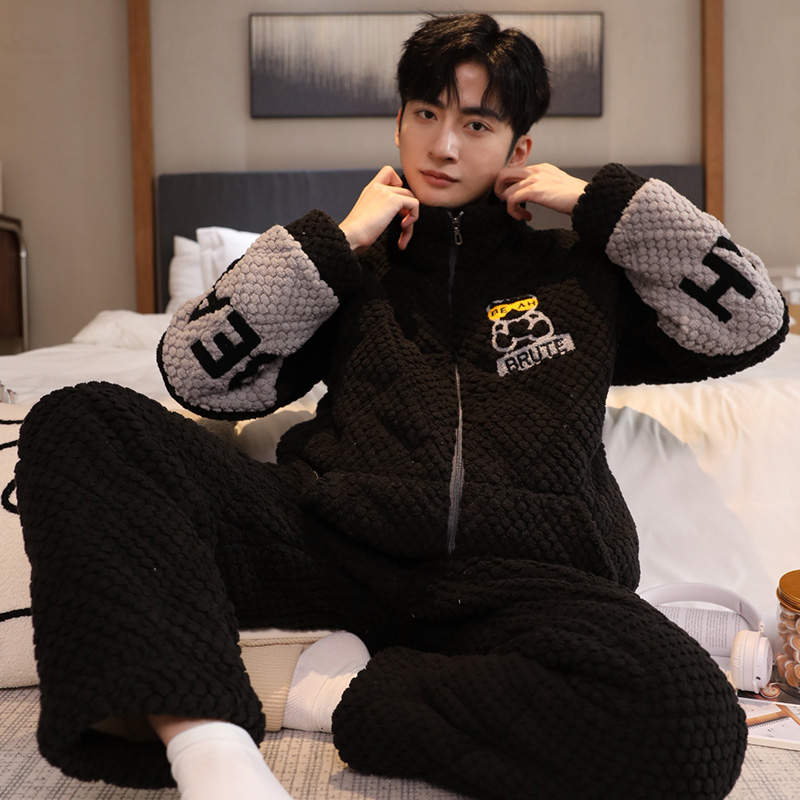 睡衣男士冬加绒加厚珊瑚绒三层夹棉2024年新款大码冬天家居服套装