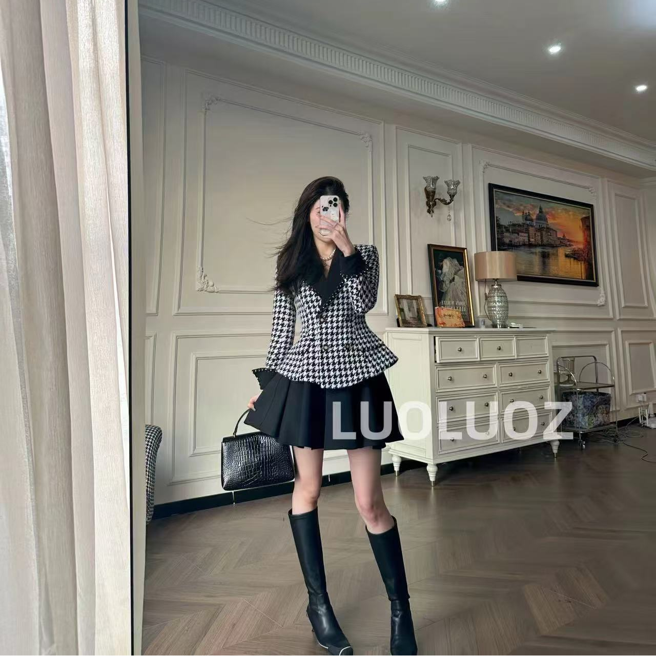 【现货】LUOLUOZ【富丽小香】秋季黑白撞色上衣＋时尚半身短裙两件套