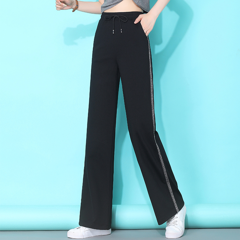 直筒运动裤女夏季薄款2024新款垂感窄版阔腿裤高腰黑色时尚休闲裤