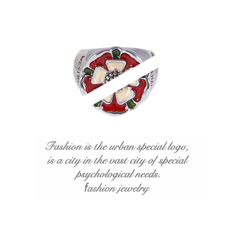 铜合金珐琅戒指 个性小众珐琅釉都铎玫瑰时尚银色戒指 14012