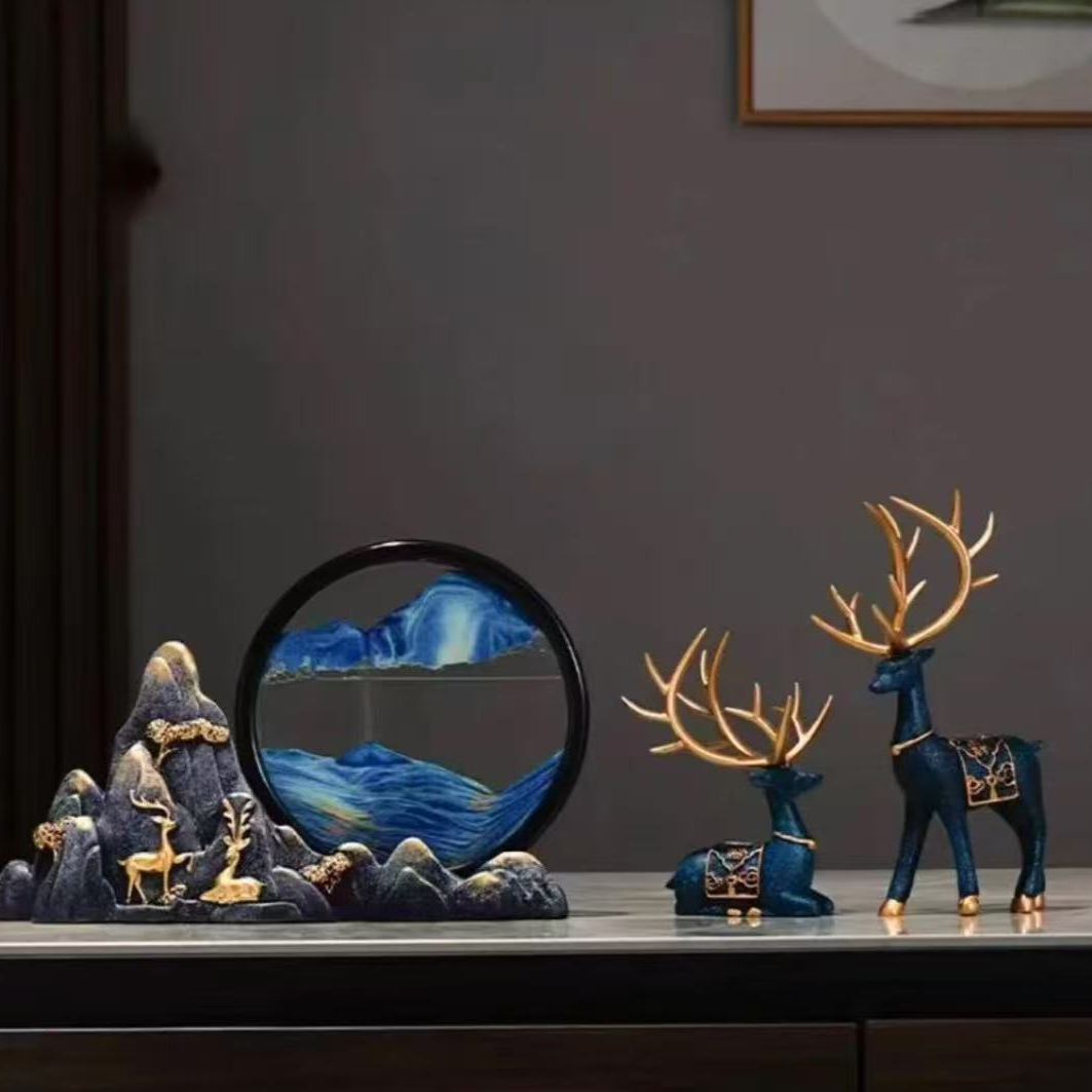 意境山水流沙画创意新中式轻奢鹿摆件电视柜客厅酒柜装饰品情人节