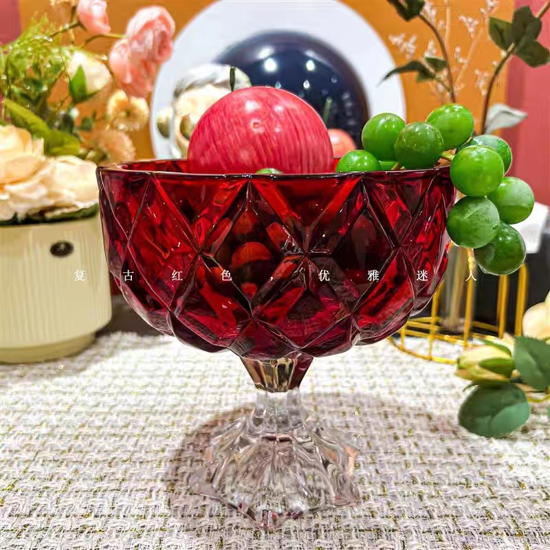 轻奢欧式高级红水晶高脚杯果盘糖果盘家居时尚摆件花器