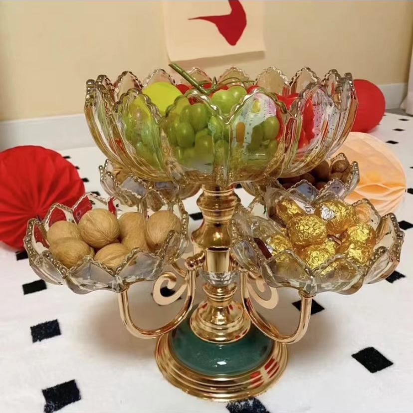 旋转创意水晶玻璃大果盘花器轻奢网红家用客厅茶几高脚多格零食盘
