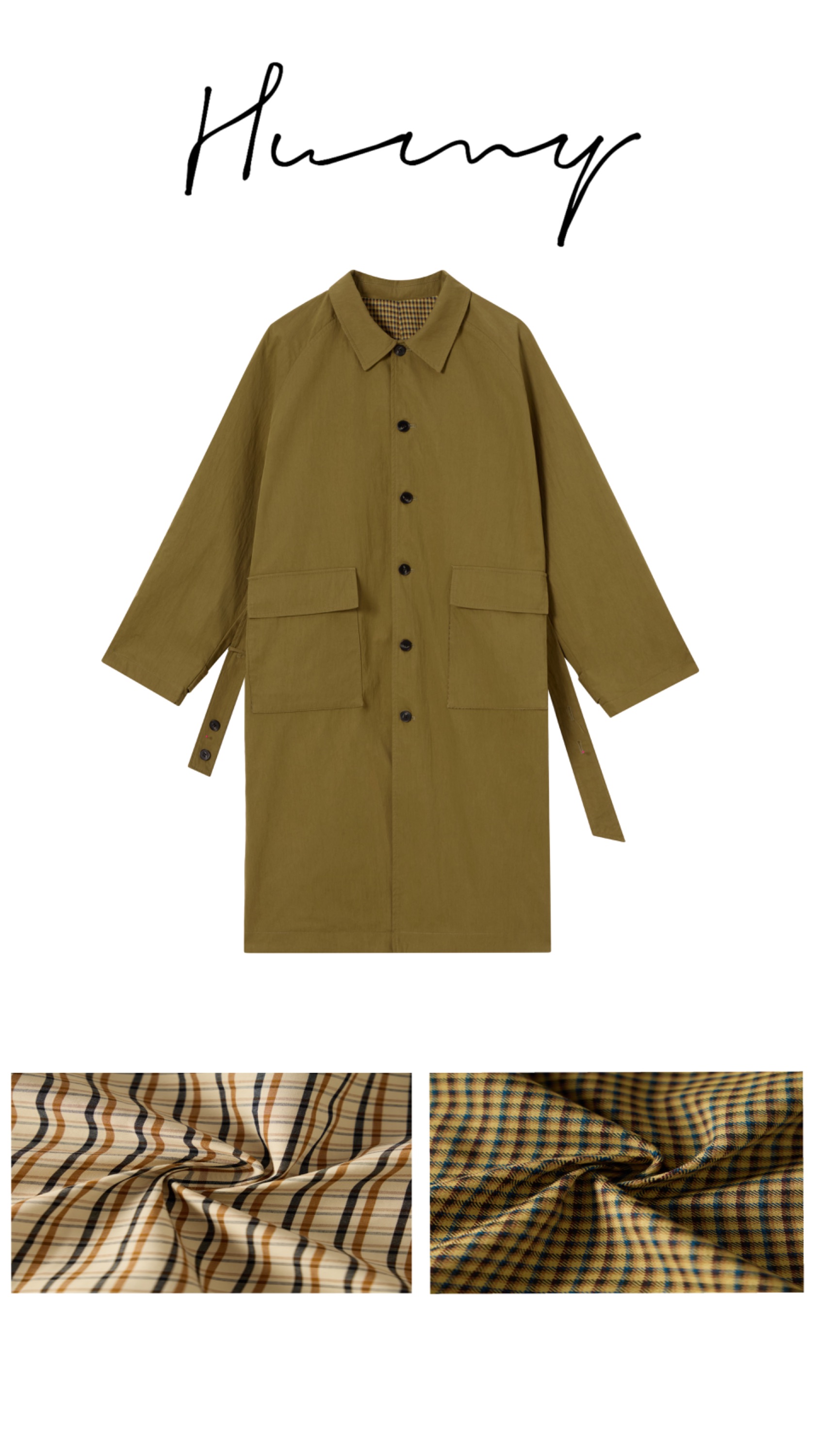 【宇苗huym】单排扣双面穿格子中长款设计师风衣外套翻领宽松秋季