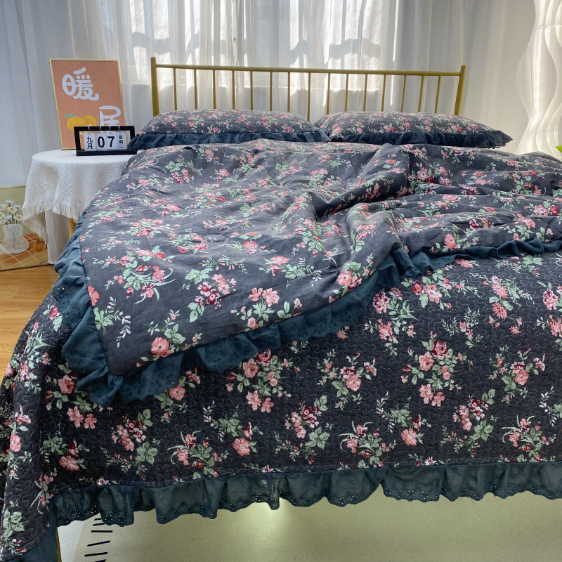 韩版花边床盖三件套四件套夏被四件套榻榻米床盖碎花加厚夹棉床盖