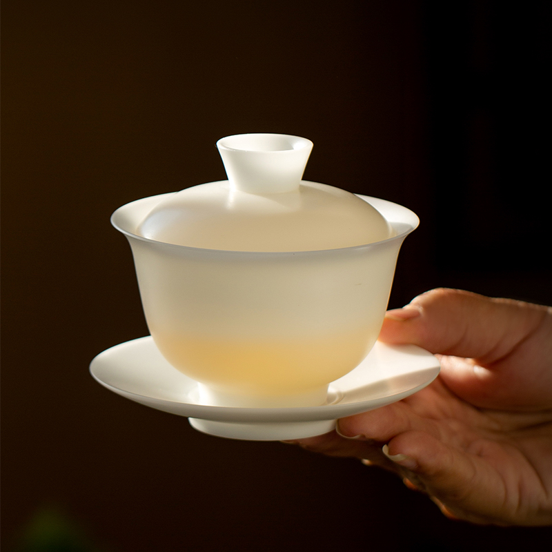 白起 中国白高端冰种玉瓷手工胎自生釉原矿高岭土撇口防烫盖碗