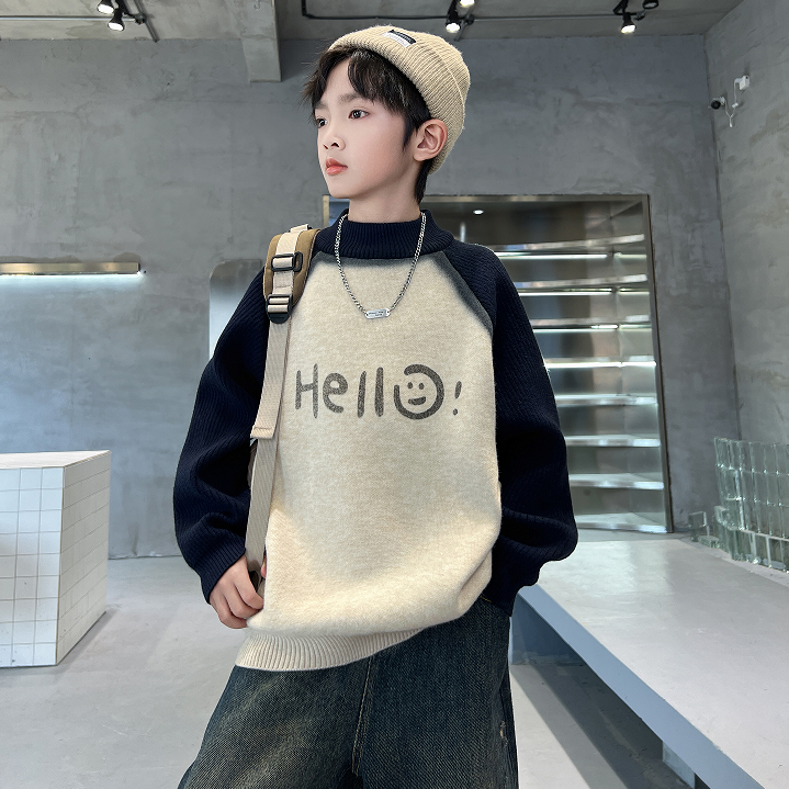 男童中大童渐变色半高领加厚一体绒毛衣2025插肩时尚针织打底衫