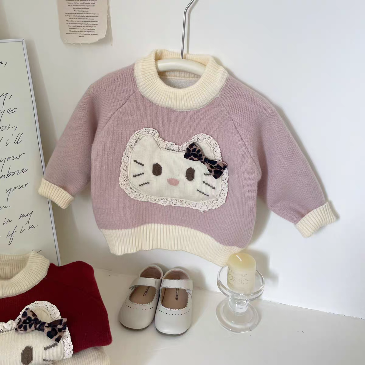 韩系女童小猫咪冬季一体绒加绒加厚毛衣新款圆领套头针织衫打底衫