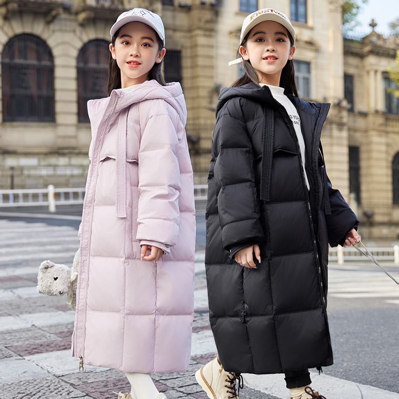 女童羽绒服2025新款中大童休闲中长款过膝洋气羽白鸭绒冬装外套