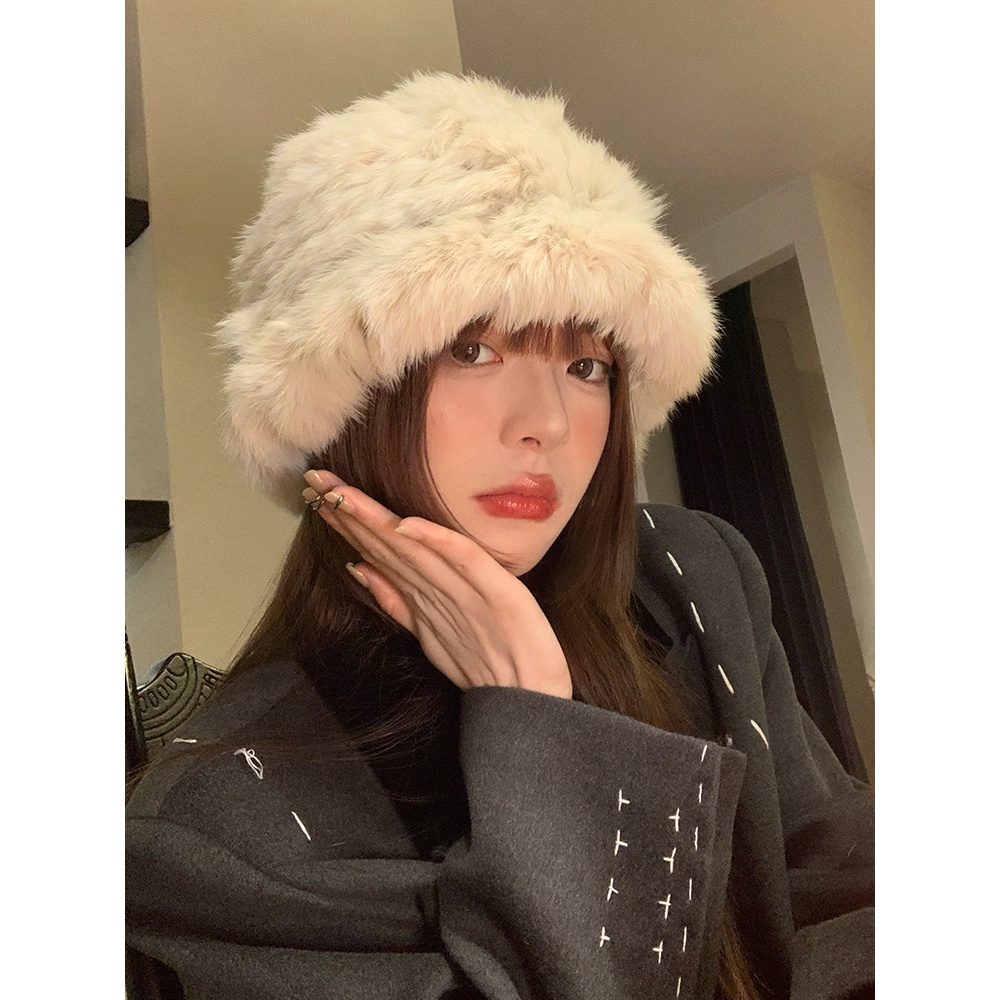 毛绒帽女兔毛渔夫帽2023冬季新款毛毛帽子保暖大头围显脸小毛茸茸