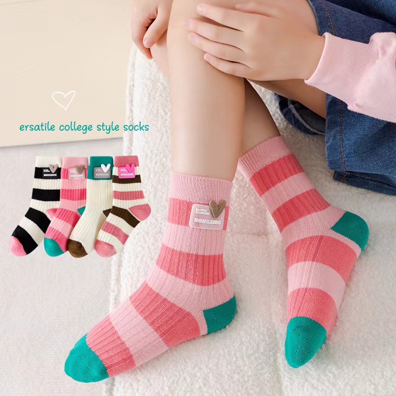 女童袜子春秋薄款儿童中筒袜韩版多巴胺彩色女孩宝宝条纹潮袜秋季