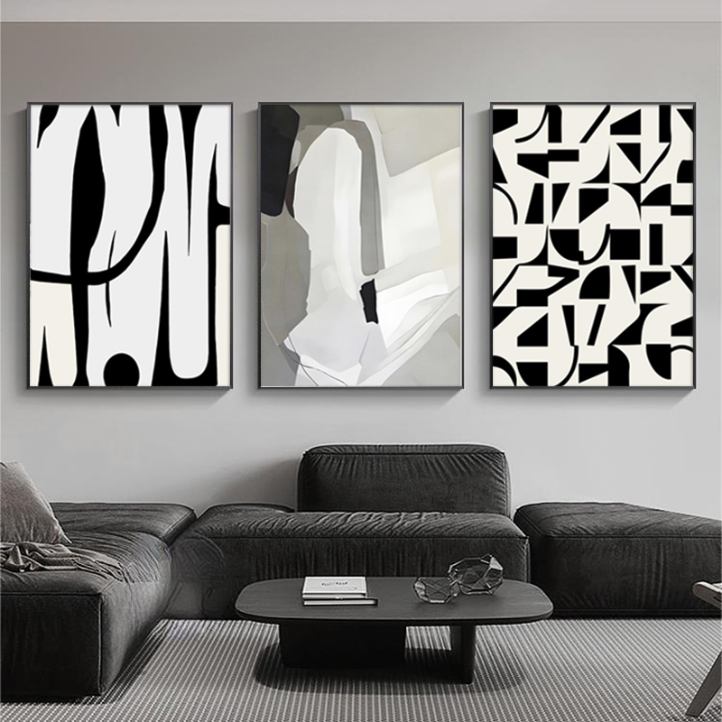 黑白灰装饰画现代简约轻奢抽象客厅沙发背景墙璧三联画高级感挂画