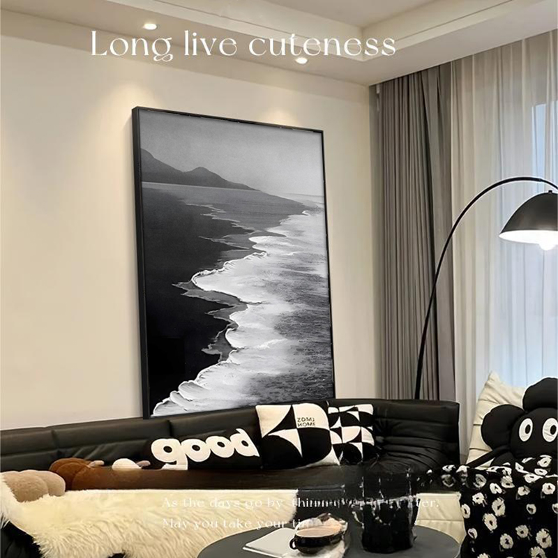 黑白海浪海滩抽象客厅沙发背景墙装饰画落地画玄关卧室挂画高级感