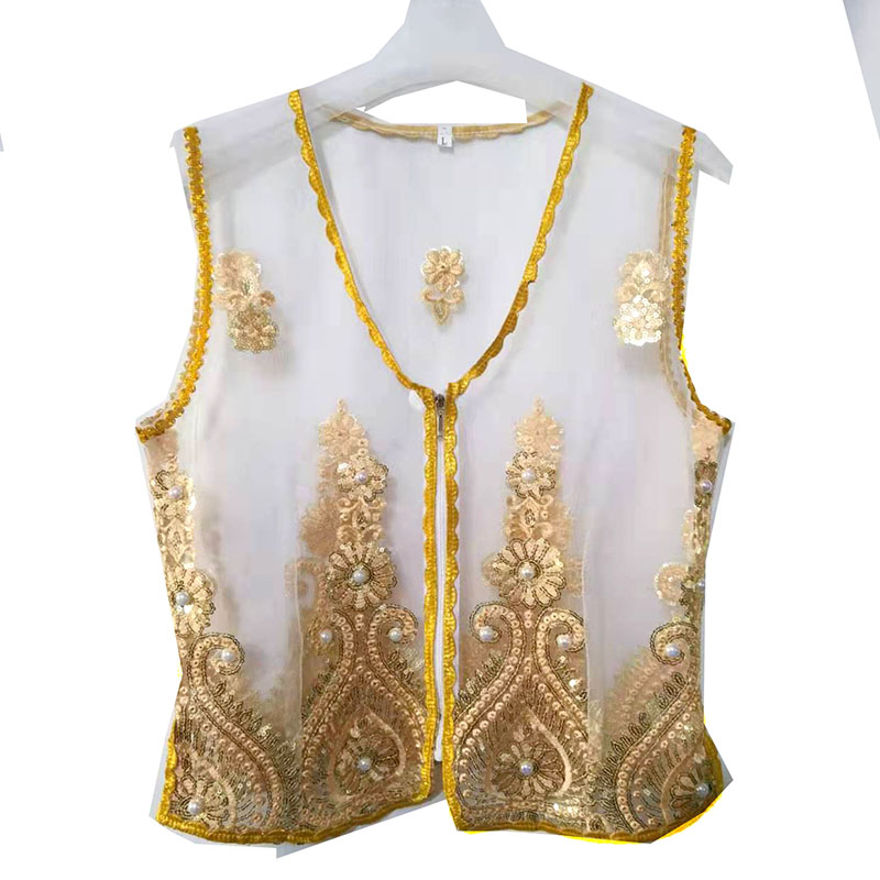 新疆舞蹈服透视莎丽珍珠马甲 舞台短款修身民族风马甲