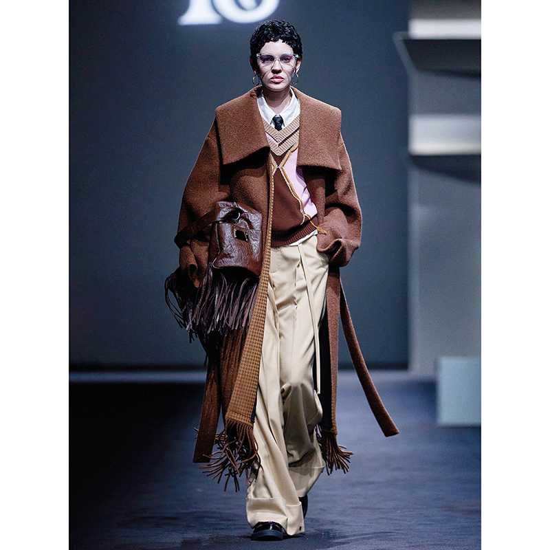 NancyCavally专柜款奢选苏利羊驼毛/羊毛随性流苏大翻领毛呢大衣