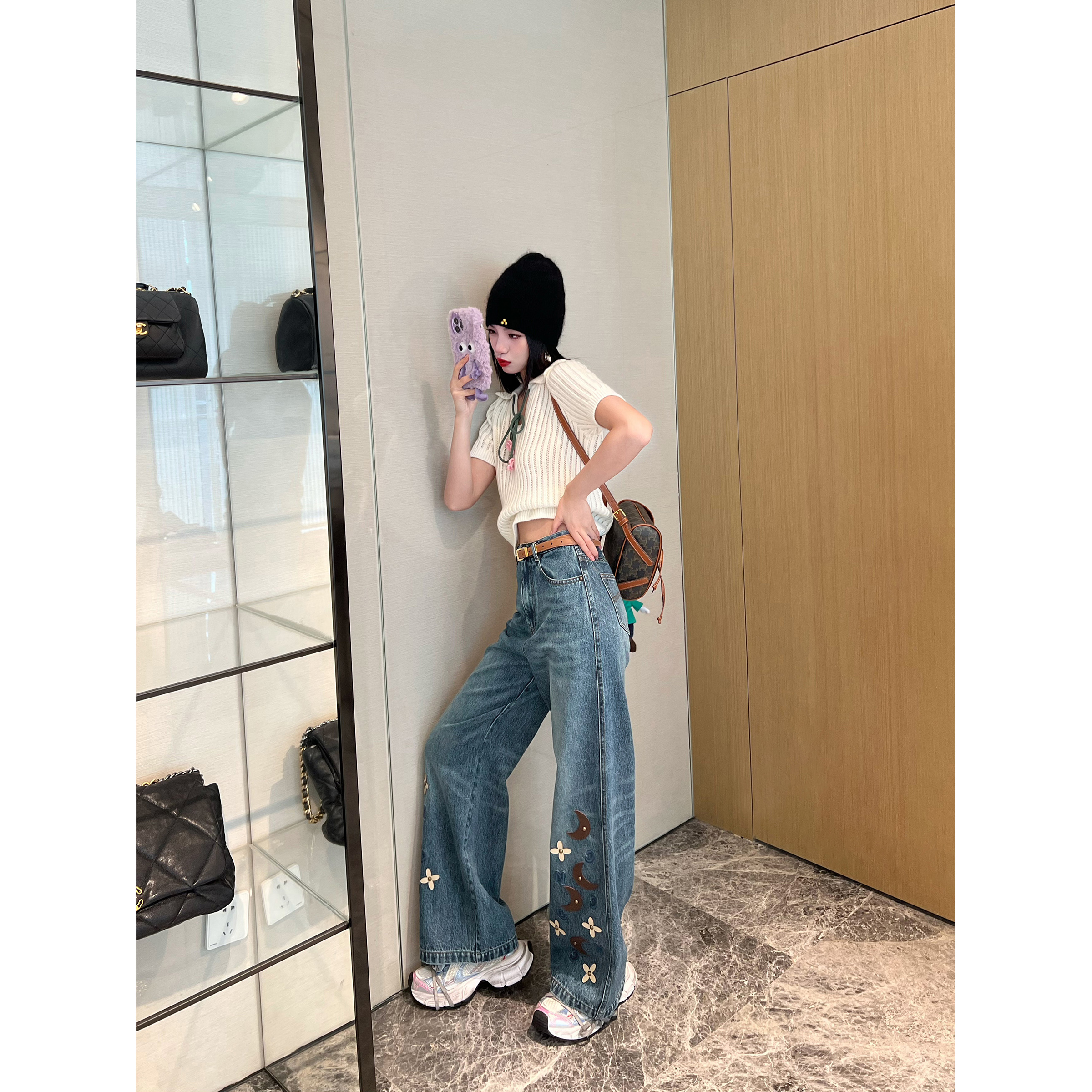 NancyCavally 浆染lev*s兰纯斜大牛仔星月皮标铆钉刺绣直筒牛仔裤